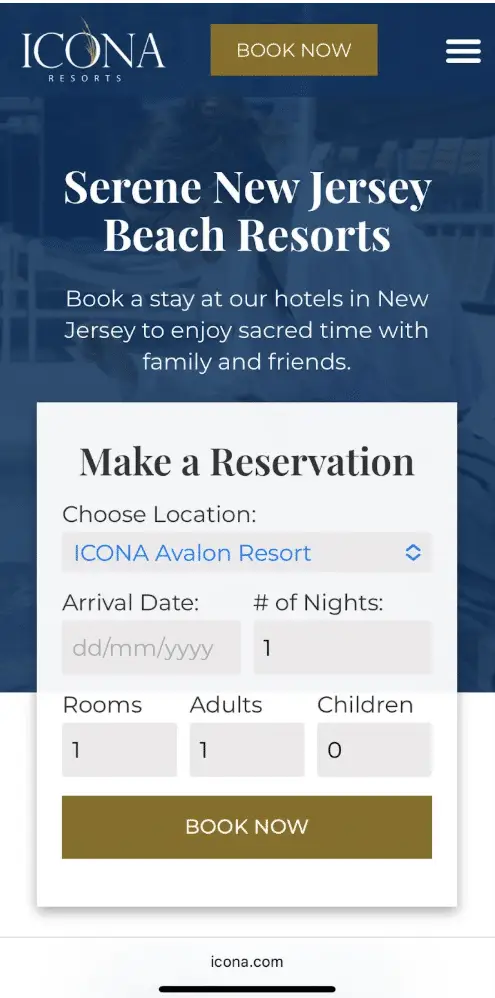 ICONA Resorts' homepage is displayed on a mobile device with the ability to make a reservation. 